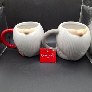 Set Of 2 Place & Time Ceramic Gnome Mugs Sweater Motif With Red & Gray Handles